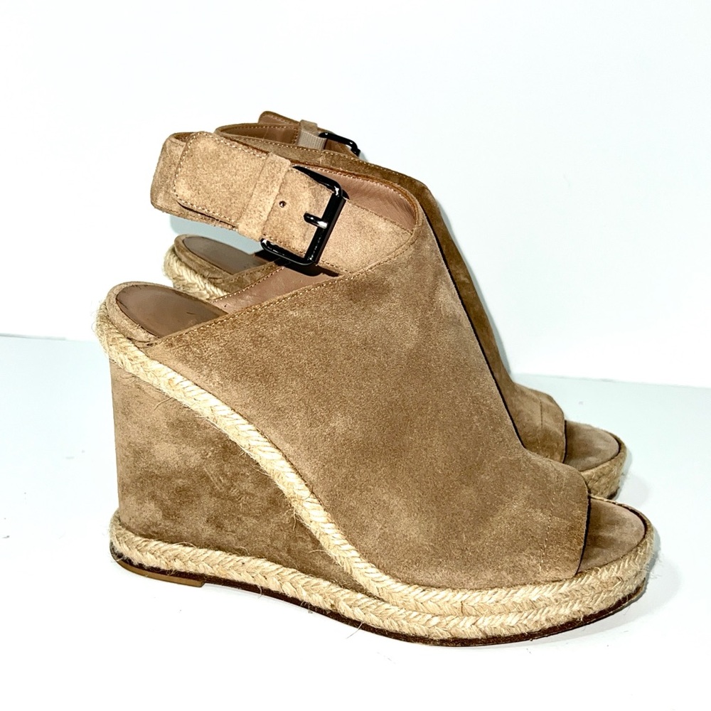 Vince Evangeline Taupe Beige Peep Toe Suede Buckle Espadrille Wedges Size‎ 7